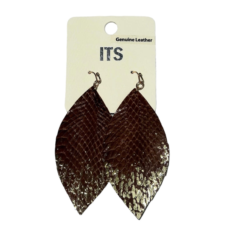 Brown Snakeskin/Gold Speckled Feather Earrings