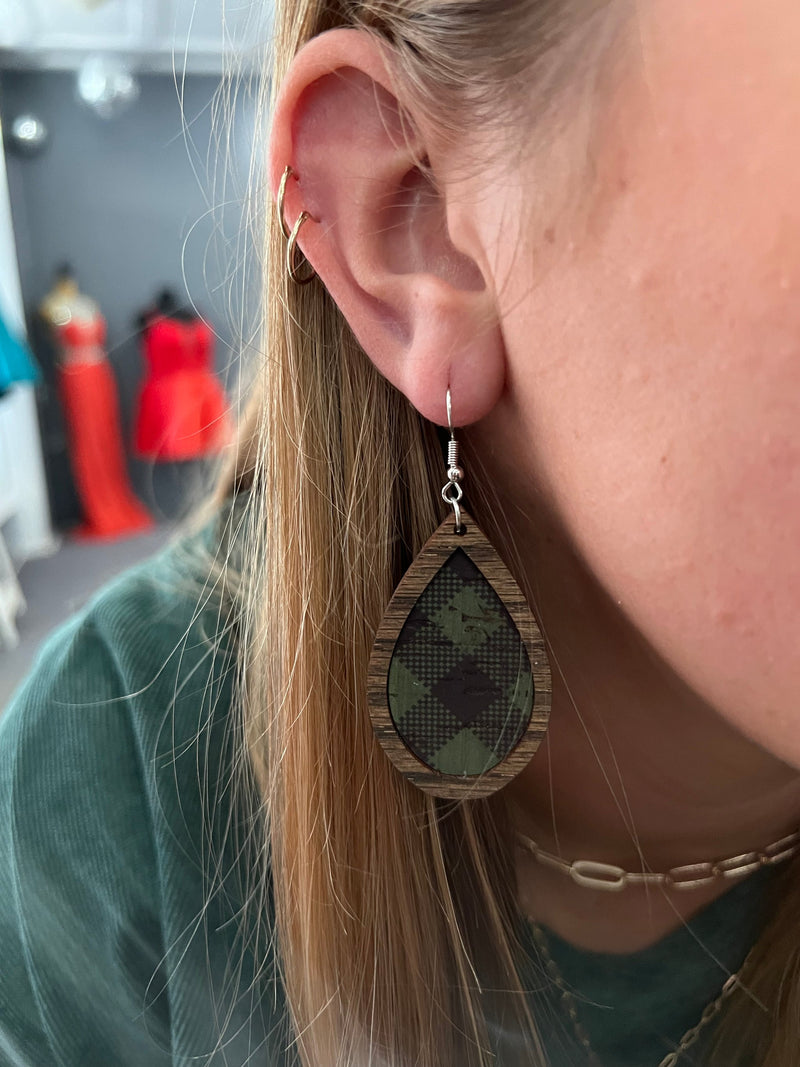 Wooden Green Plaid Earrings