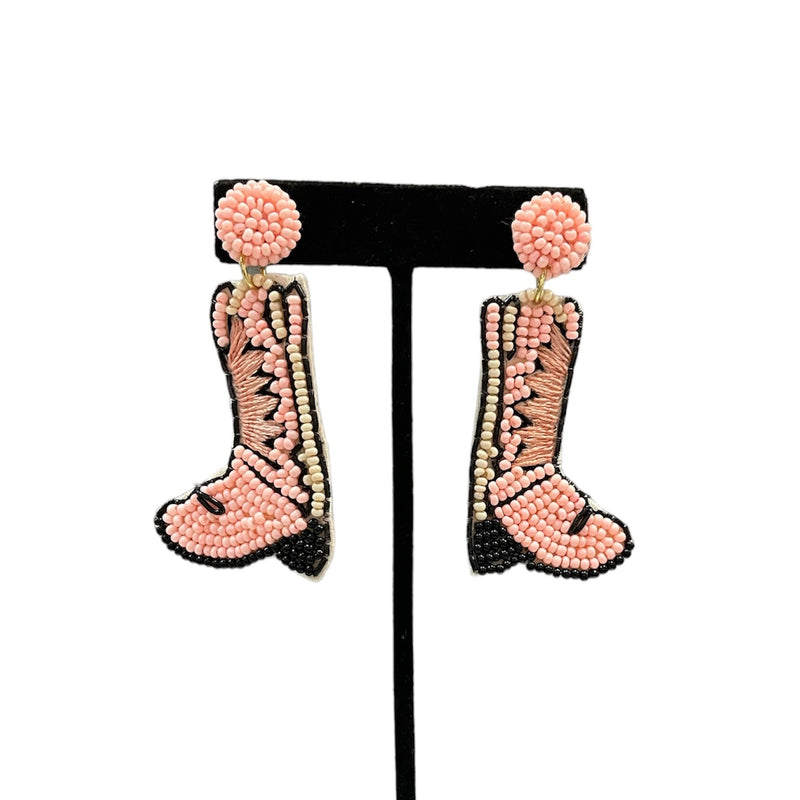 Pink Beaded Cowgirl Boot Earrings