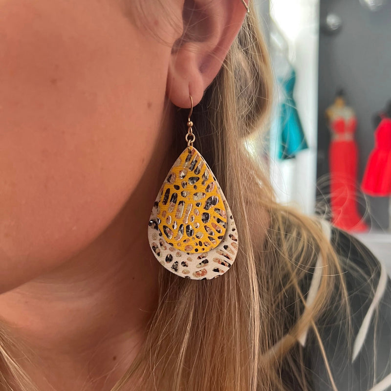 Yellow & Tan Speckled Teardrop Earrings